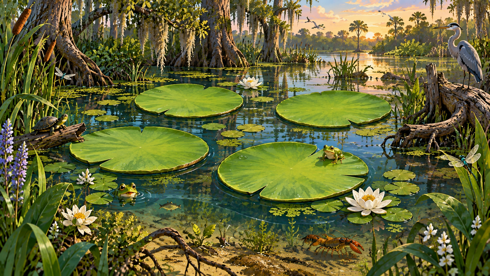 Illustrated Florida Everglades pond with lily pads, frogs, turtle, crayfish, heron, cypress trees and marsh plants