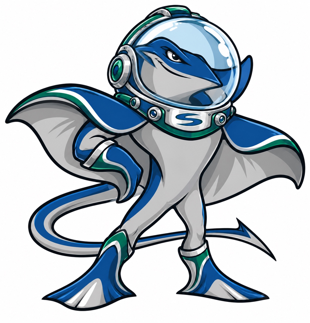 Illustrated Stingray mascot wearing a blue and green space suit